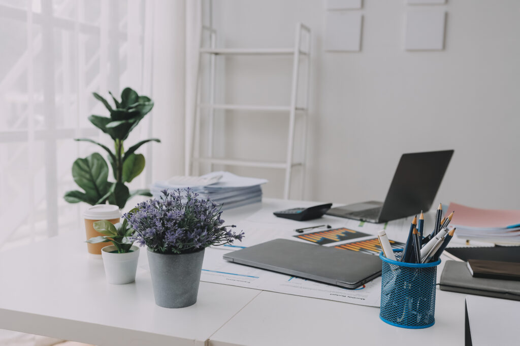 home office remodel with white desk with chair, ladder, and three small flower pots with flowers