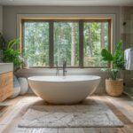 A spacious bathroom with a sizable white bathtub as the focal point.