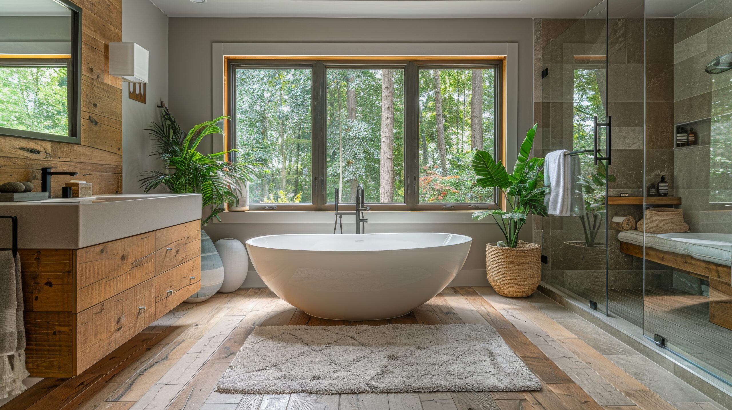 A spacious bathroom with a sizable white bathtub as the focal point.