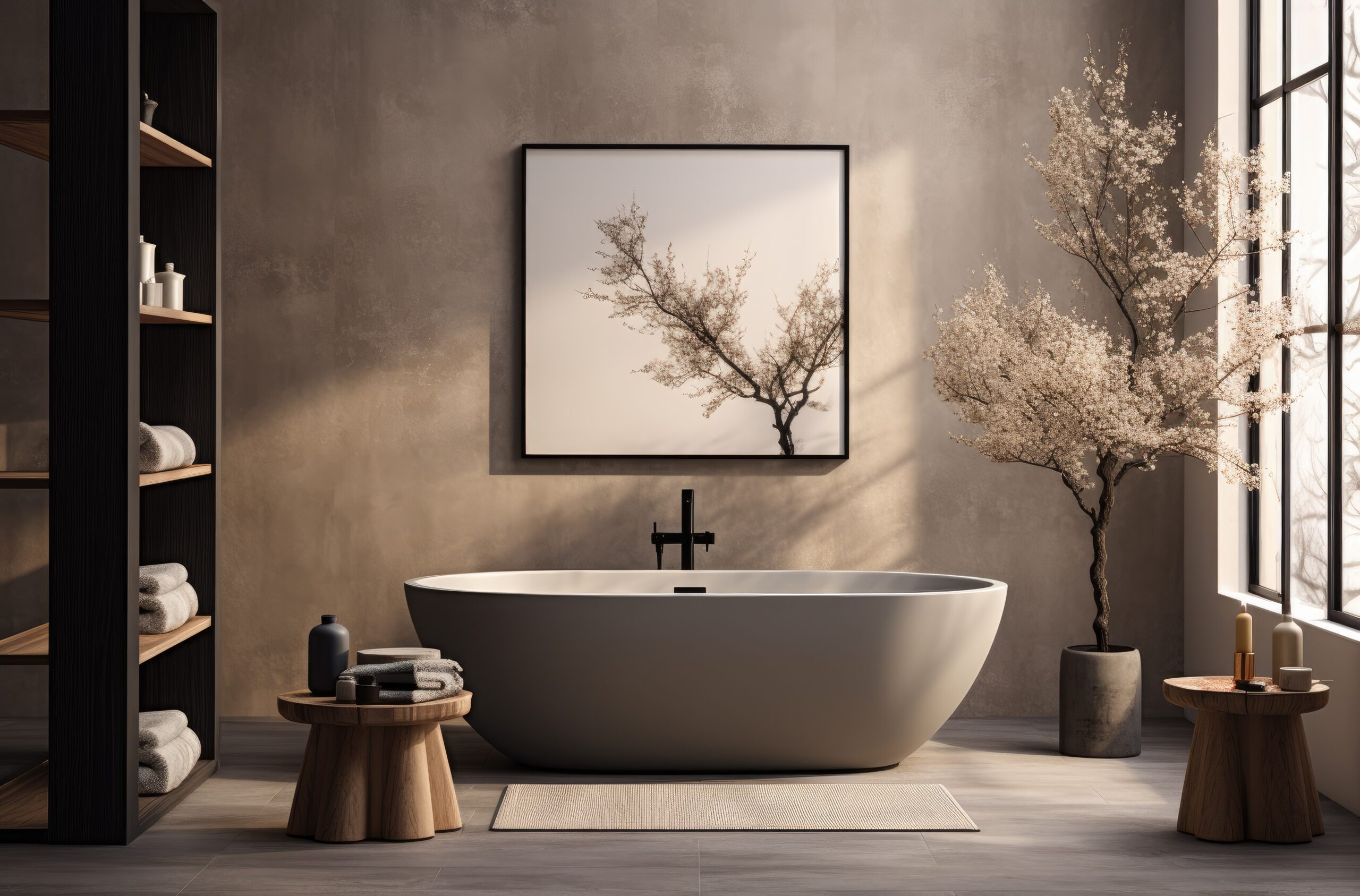 modern bathroom with tub and trees