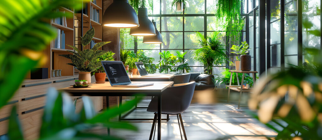 home office with chair and desk hanging low lights lots of plants and window