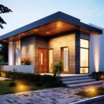 front of a modern style home, up lighting on the steps