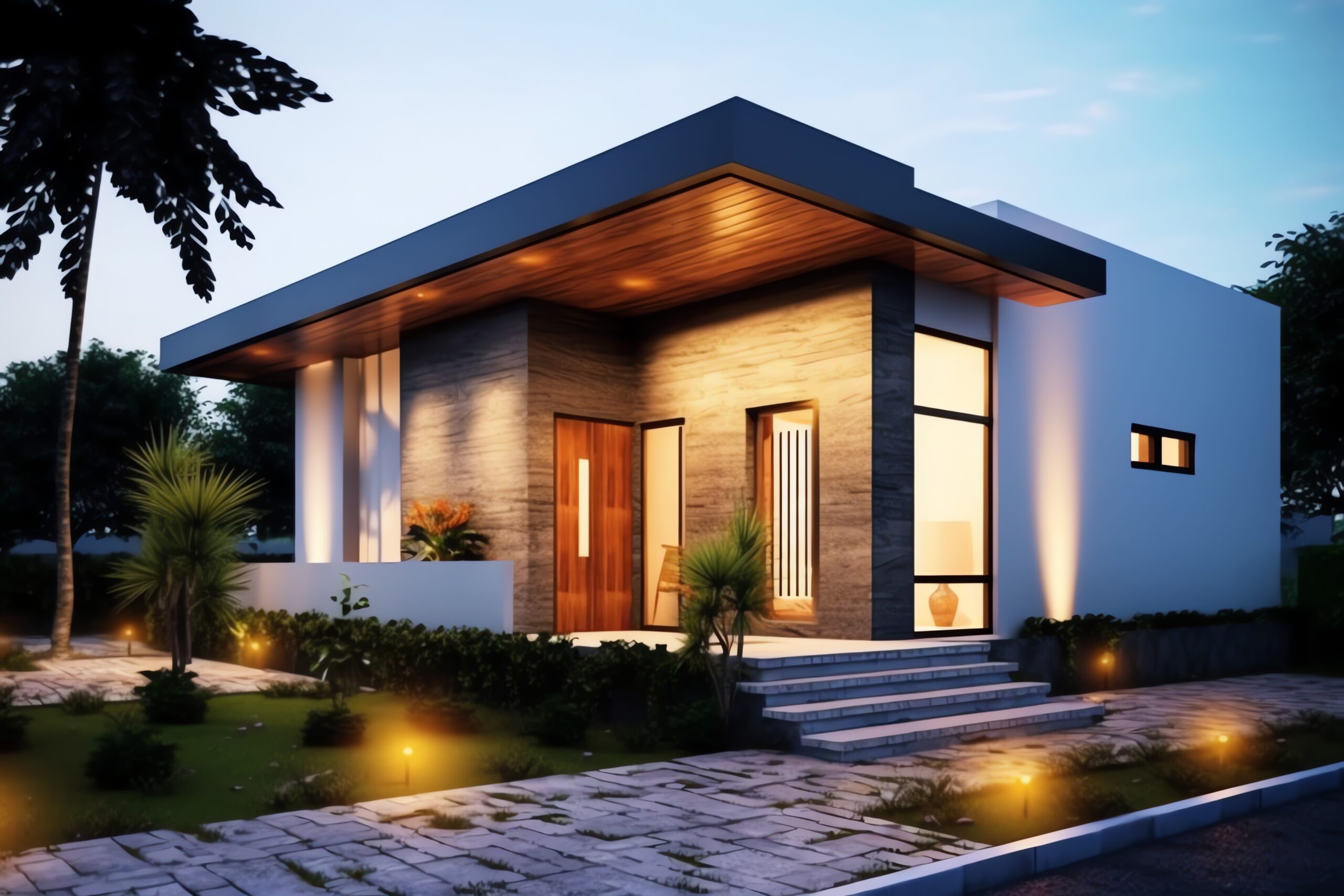 front of a modern style home, up lighting on the steps