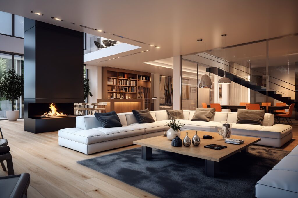 Image of a modern-style house interior, a Large couch, glass windows, Books on shelf