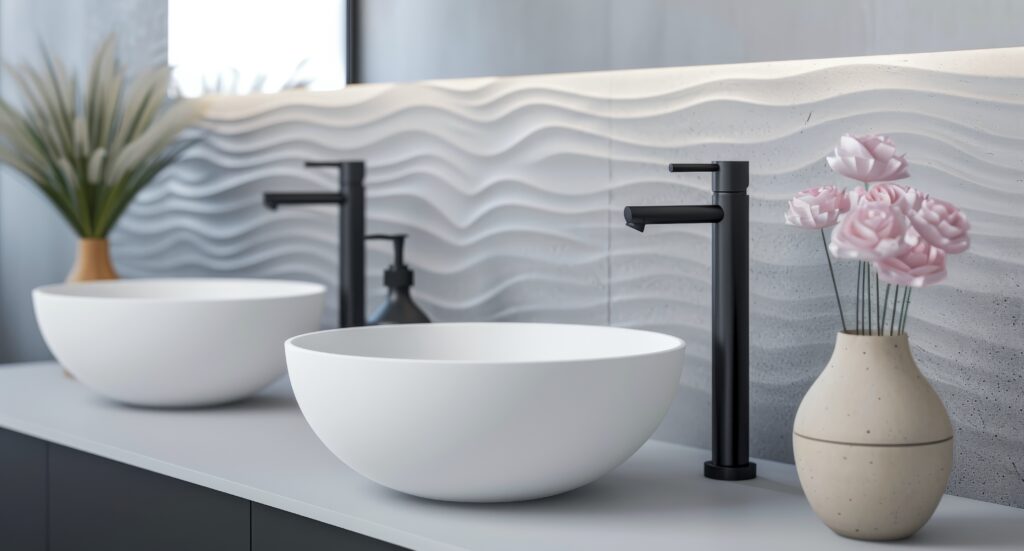 A sleek bathroom features three white sinks on a wooden countertop, illuminated by natural light. Textured walls and greenery add an elegant touch to the modern space, creating a serene atmosphere.