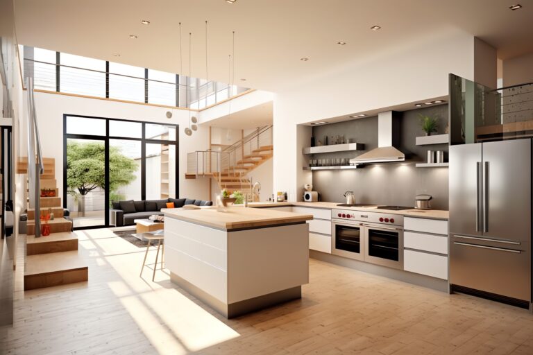 large open kitchen with lots of windows, light wood cabinets