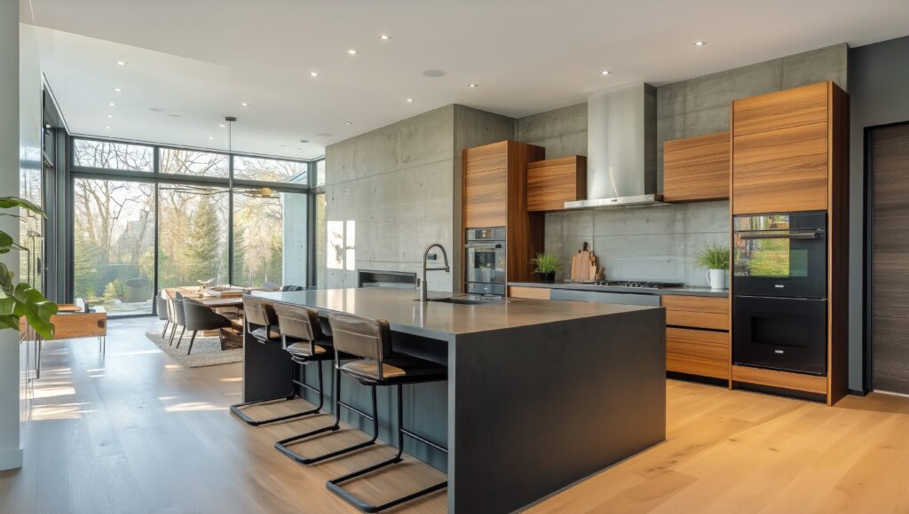 Contemporary kitchen showcases an open layout with wooden shelves and a large island. Natural light floods the space through large windows, enhancing the inviting atmosphere.