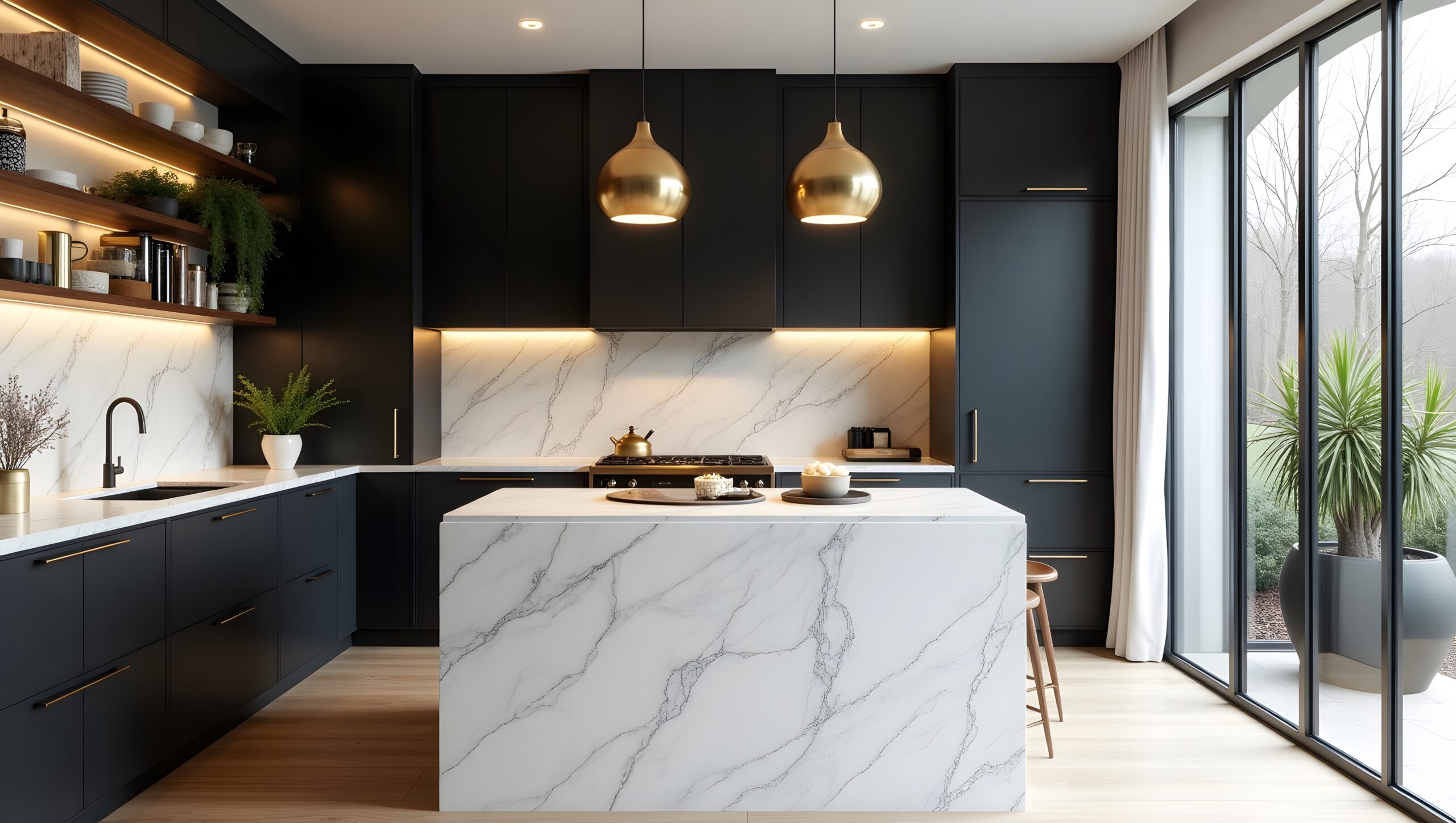 Modern Luxury Kitchen with Black Cabinets and White Marble Countertops – Elegant Interior Design
