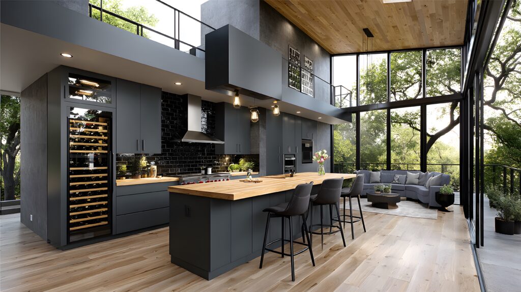 This spacious and modern kitchen features an open layout with natural light, lovely furnishings, and an inviting atmosphere perfect for socializing and cooking.