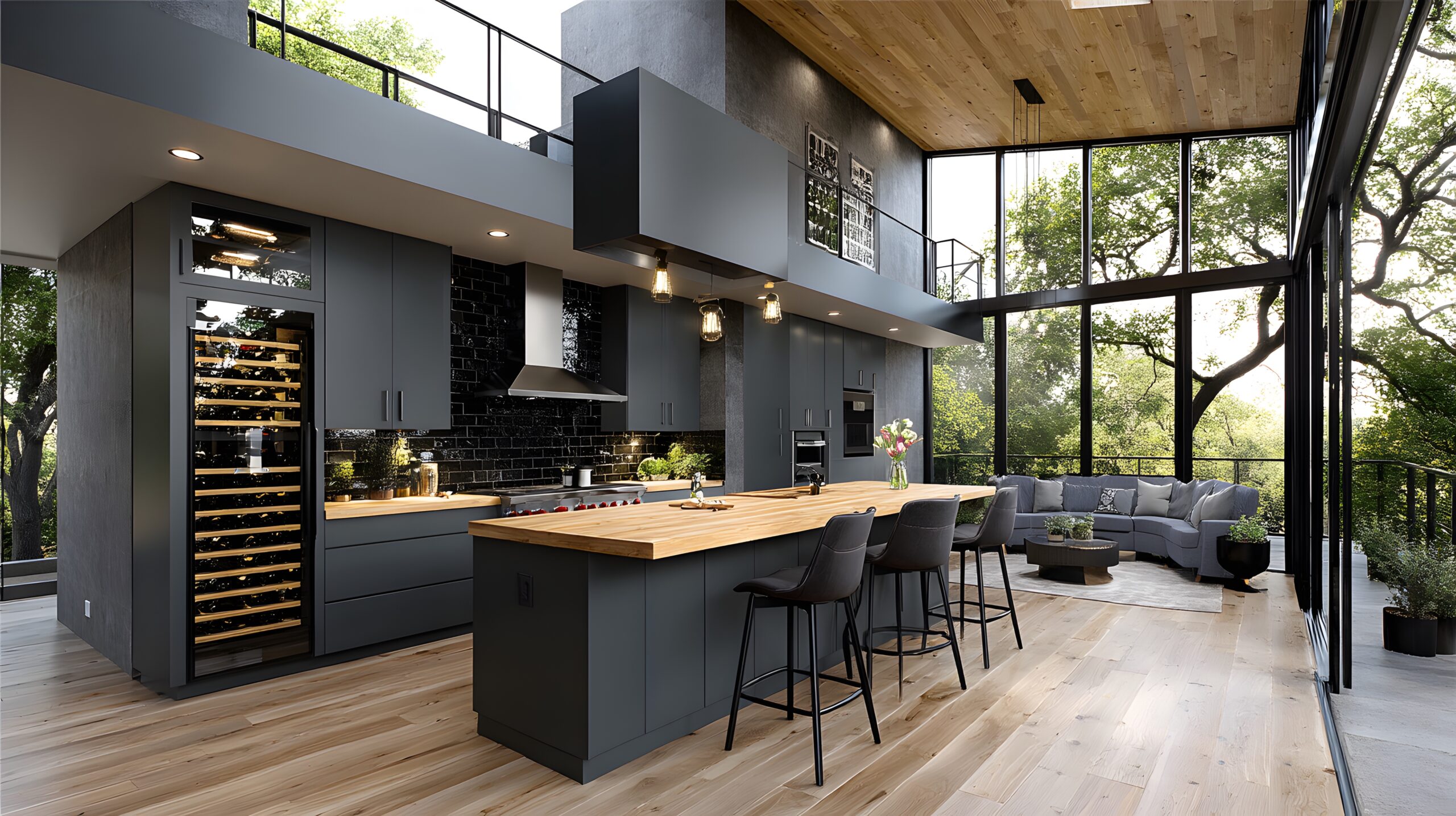 This spacious and modern kitchen features an open layout with natural light, lovely furnishings, and an inviting atmosphere perfect for socializing and cooking.