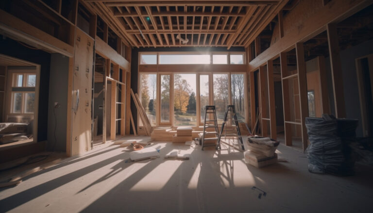 Modern home interior design with wooden flooring and construction frame